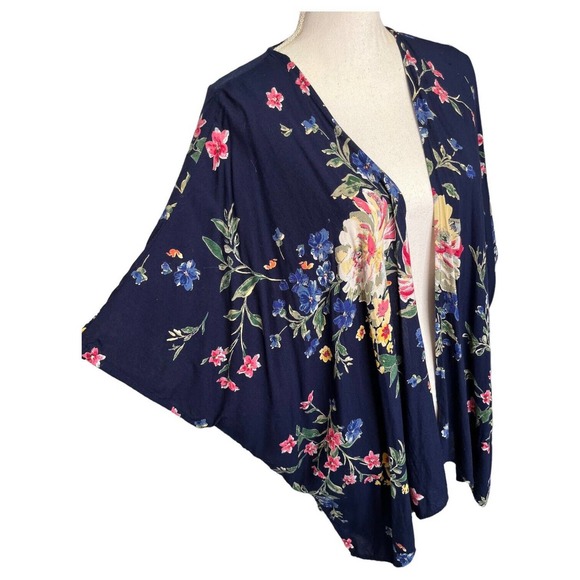 Angie Kimono Womens S Boho Floral Print Open Cardigan Drape Dolman Navy Blue - Picture 9 of 12